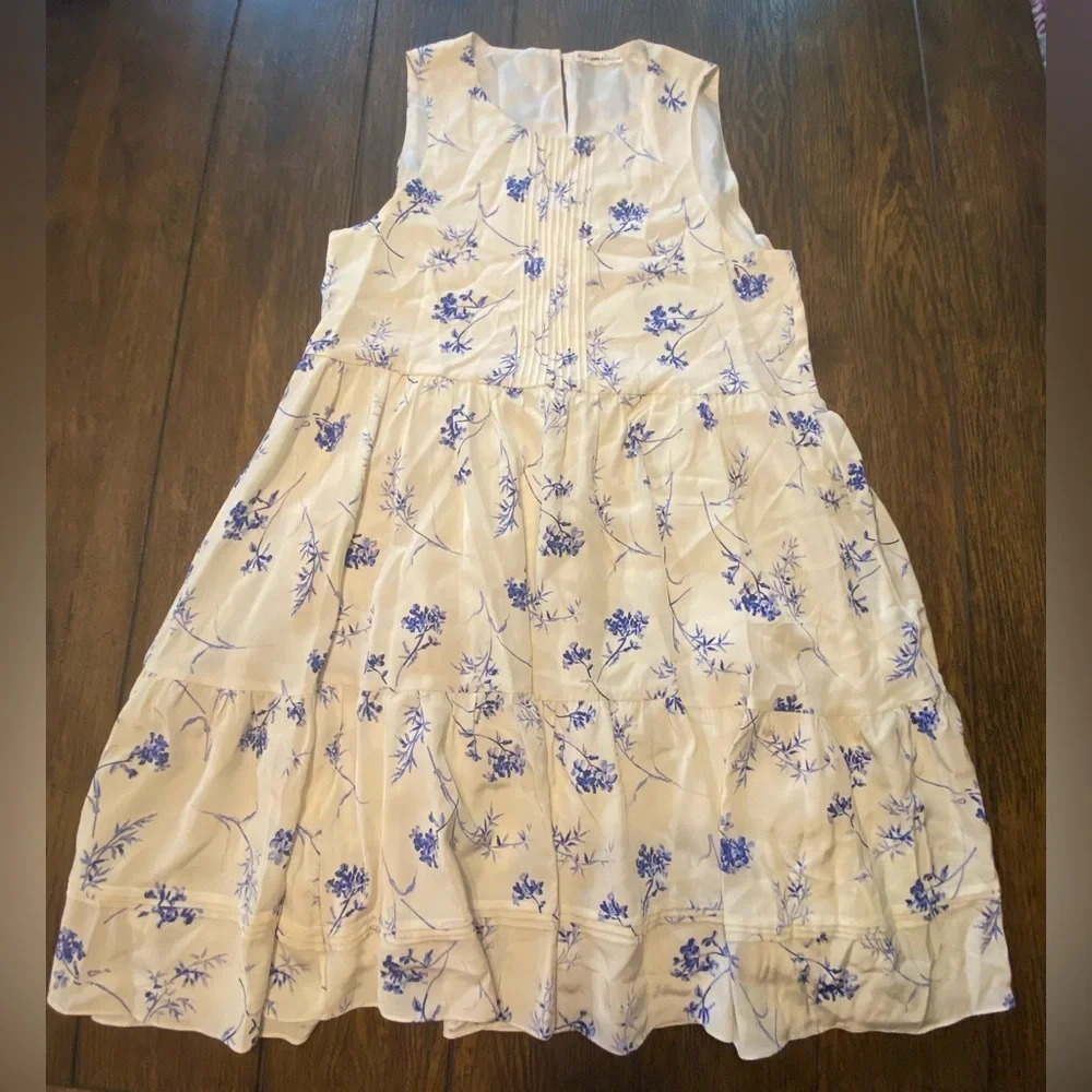 Pomegranate Dainty Tiered Midi White And Blue Floral Dress Size Unknown B21
